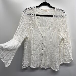 White Crochet Lace Bell Sleeve‎ V Neck Blouse Top Size M Cottagecore Fairycore